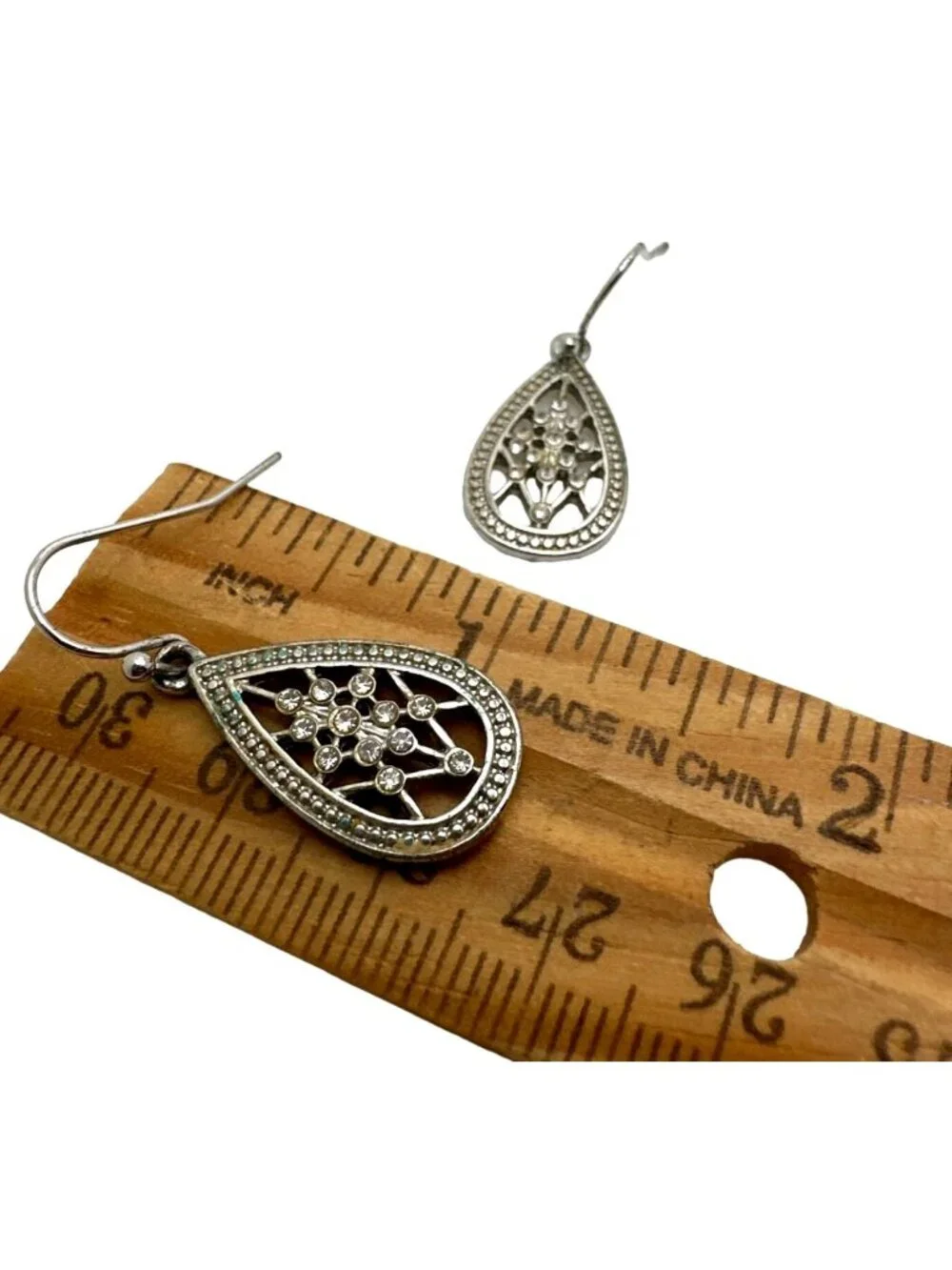 Silver Tone Filagree Teardrop Earrings Rhinestone